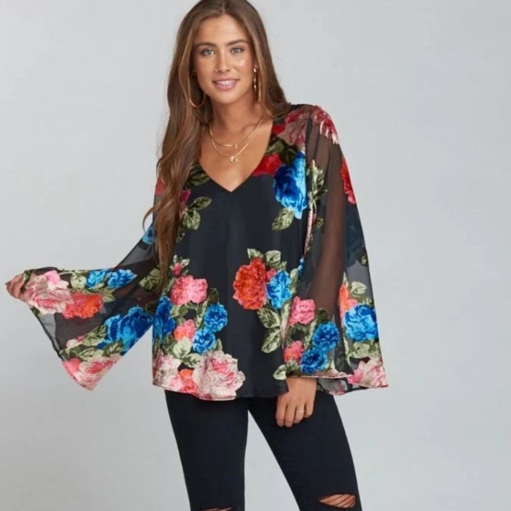 Show Me Your Mumu Velvet Floral Flare Sleeve Top XS Oversized Boho Dark Romantic